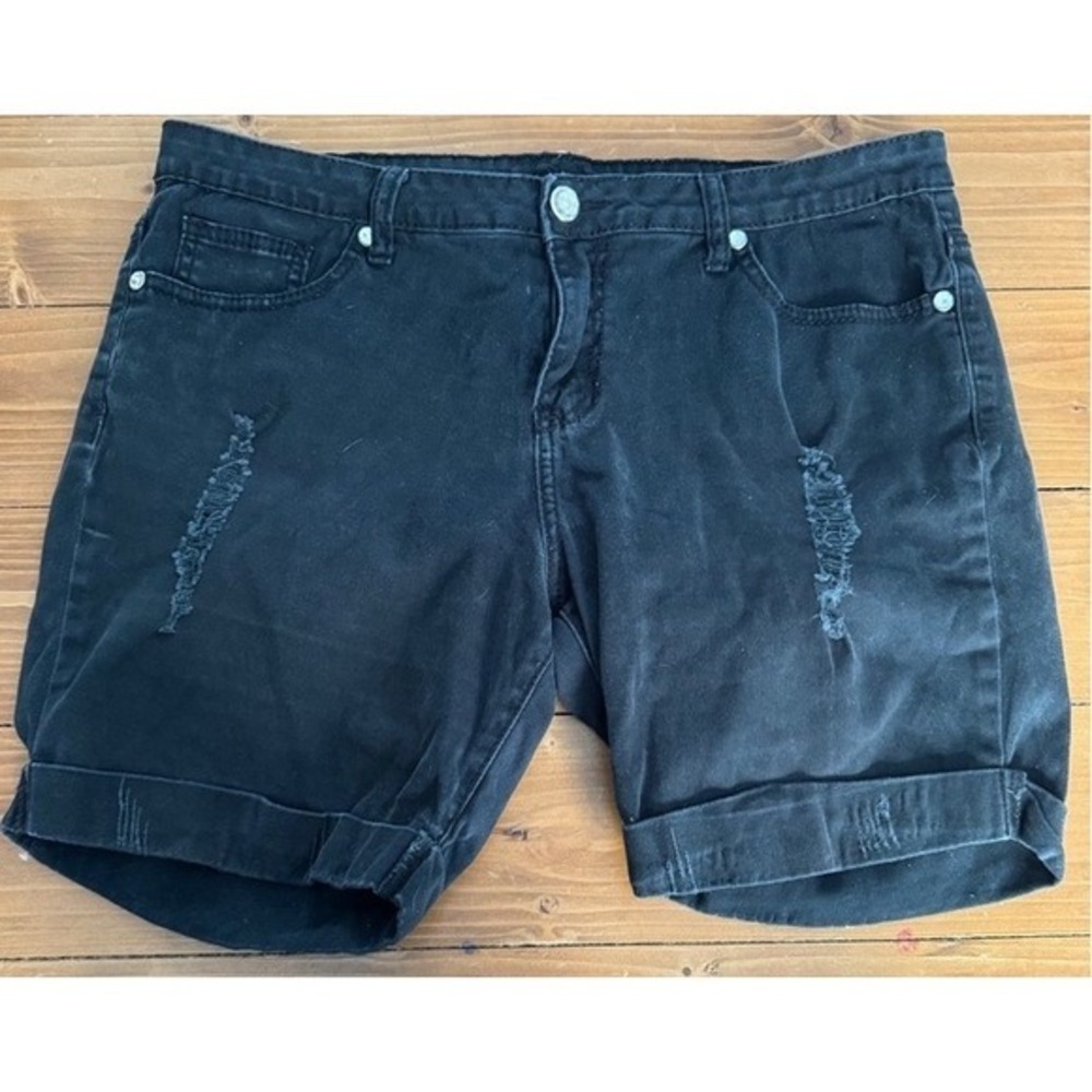 Black Distressed Denim Shorts Women's Cuffed Rolled Hem Ripped Size